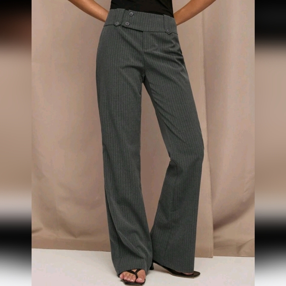 Women's Gray Striped Button Design Straight Flared Casual Pants, Business - Picture 1 of 4